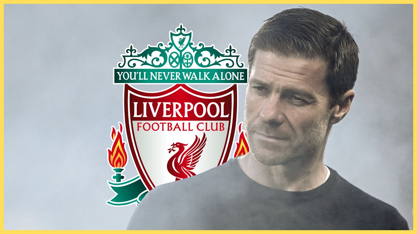 Chelsea manager Xabi Alonso looks on in front of Liverpool club crest.