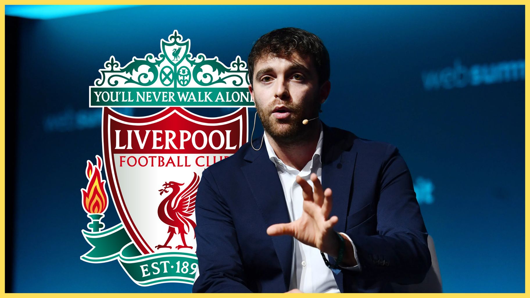 Fabrizio Romano holds out an open palm in front of Liverpool club crest.