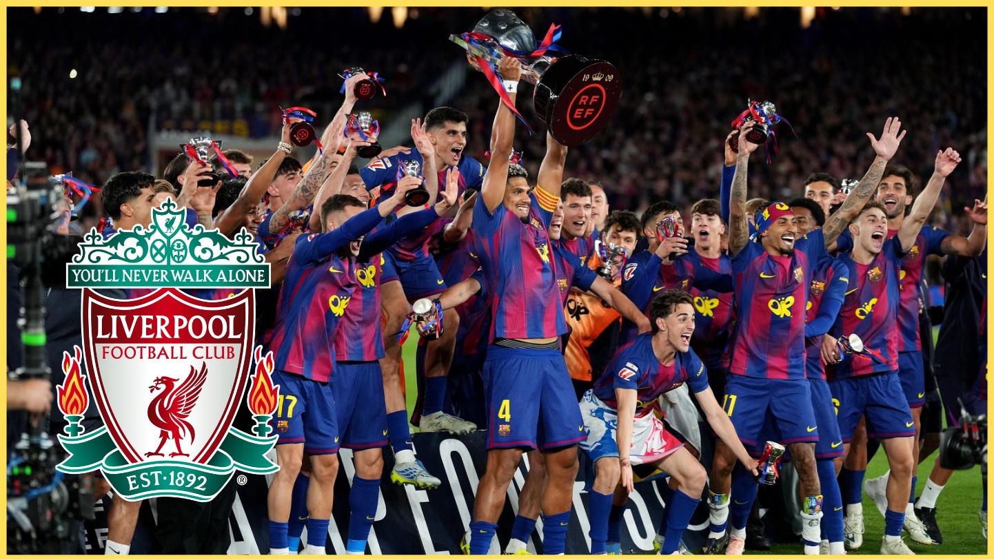 Barcelona players celebrate winning the LaLiga title last season