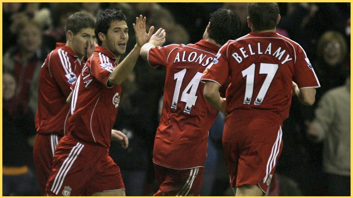 Luis Garcia celebrates with Xabi Alonso after scoring for Liverpool