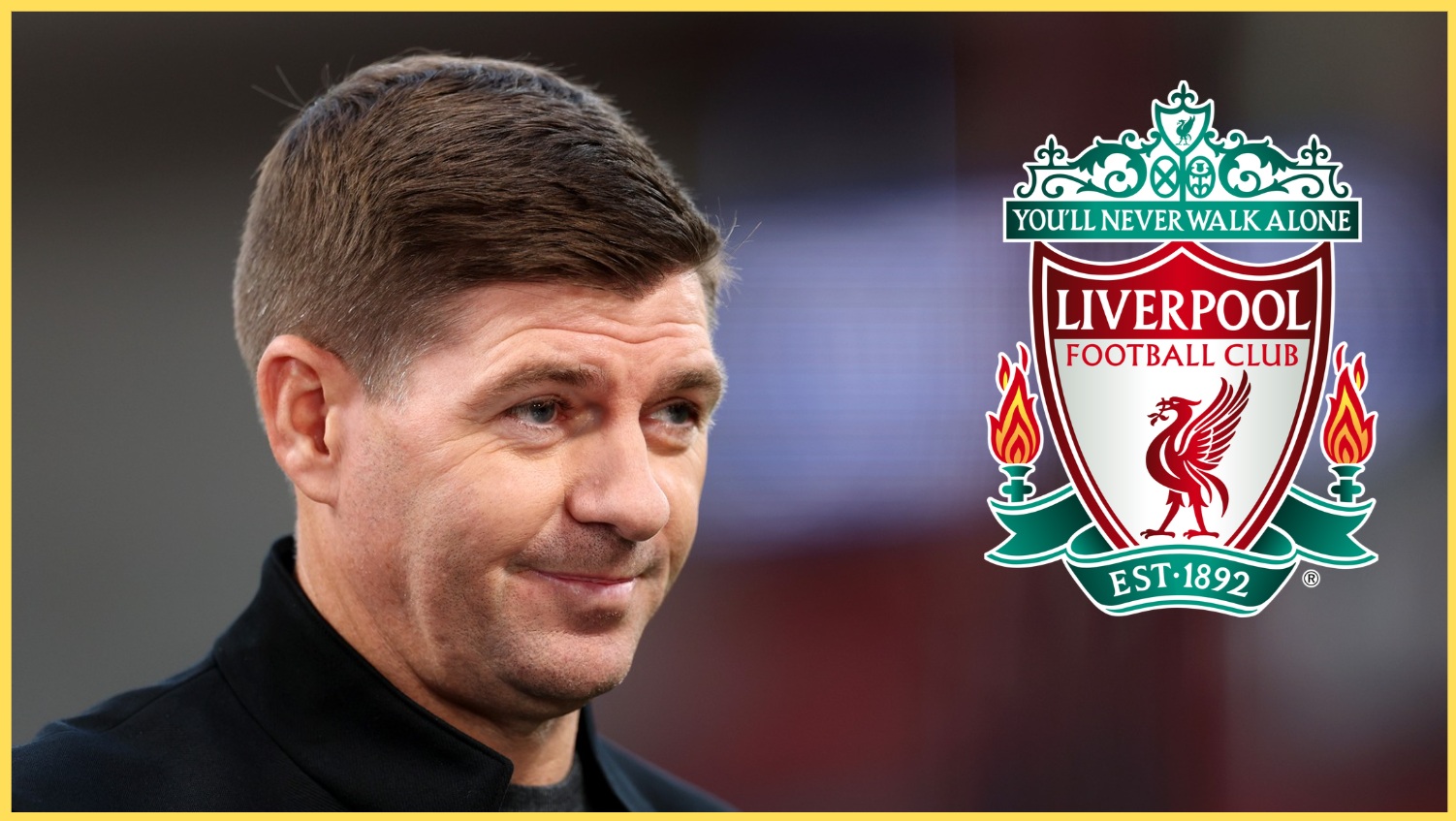 Steven Gerrard pictured next to the Liverpool crest