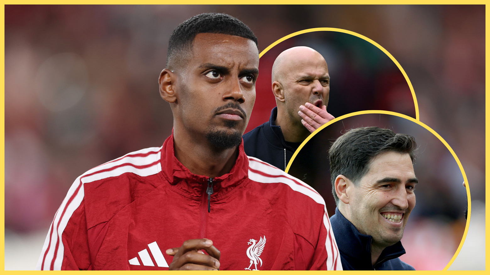 L'attaquant de Liverpool Alexander Isak se frotte les mains à côté d'Arne Slot et d'Andoni Iraola.