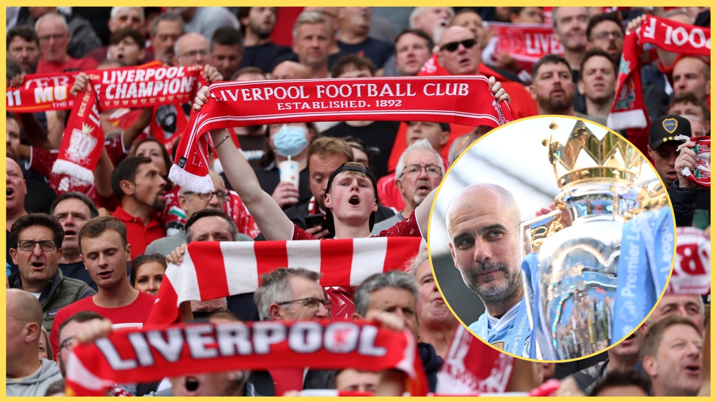 Liverpool fans hold up scarves at Anfield, with Pep Guardiola inset