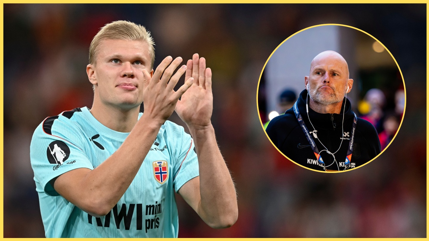 Erling Haaland applaudit les supporters norvégiens, avec l'entraîneur-chef Stale Solbakken en médaillon