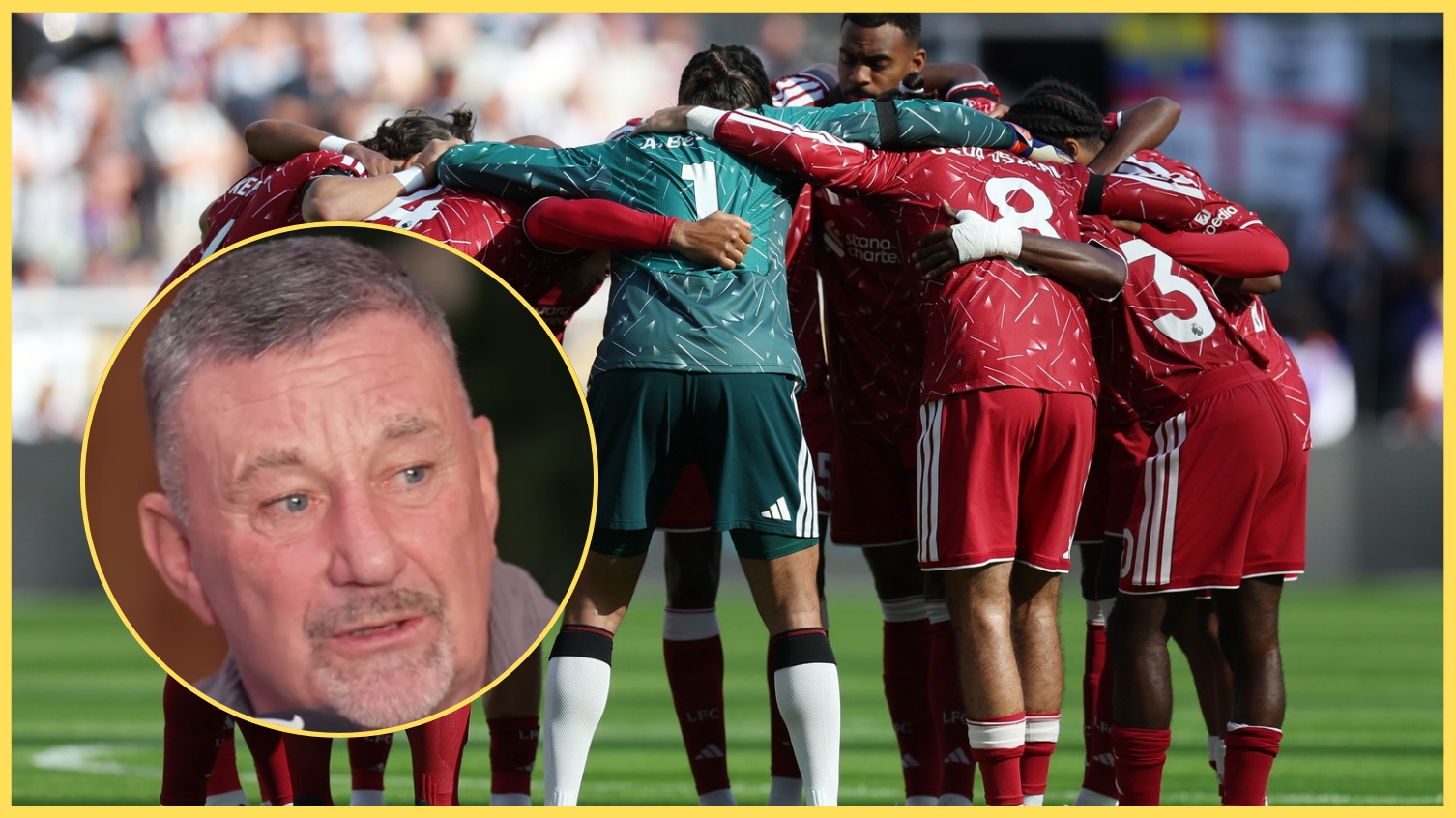Liverpool players form a huddle before kick-off, with John Aldridge inset