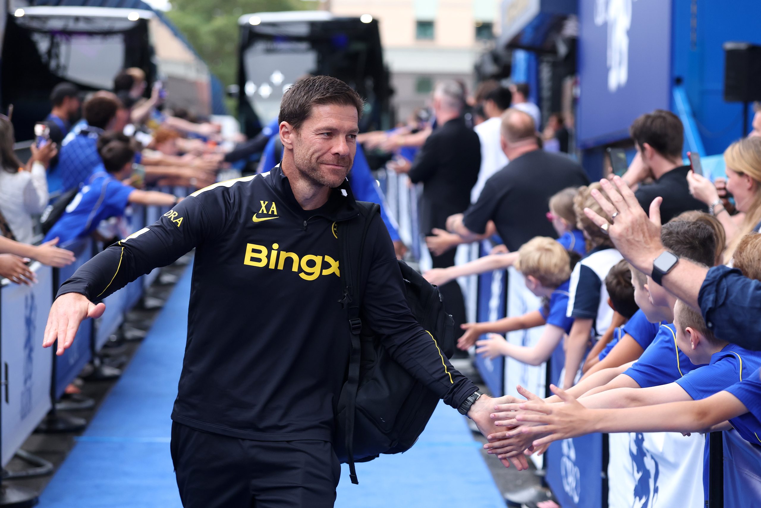 Xabi Alonso, Manager of Chelsea, arrives at Stamford Bridge